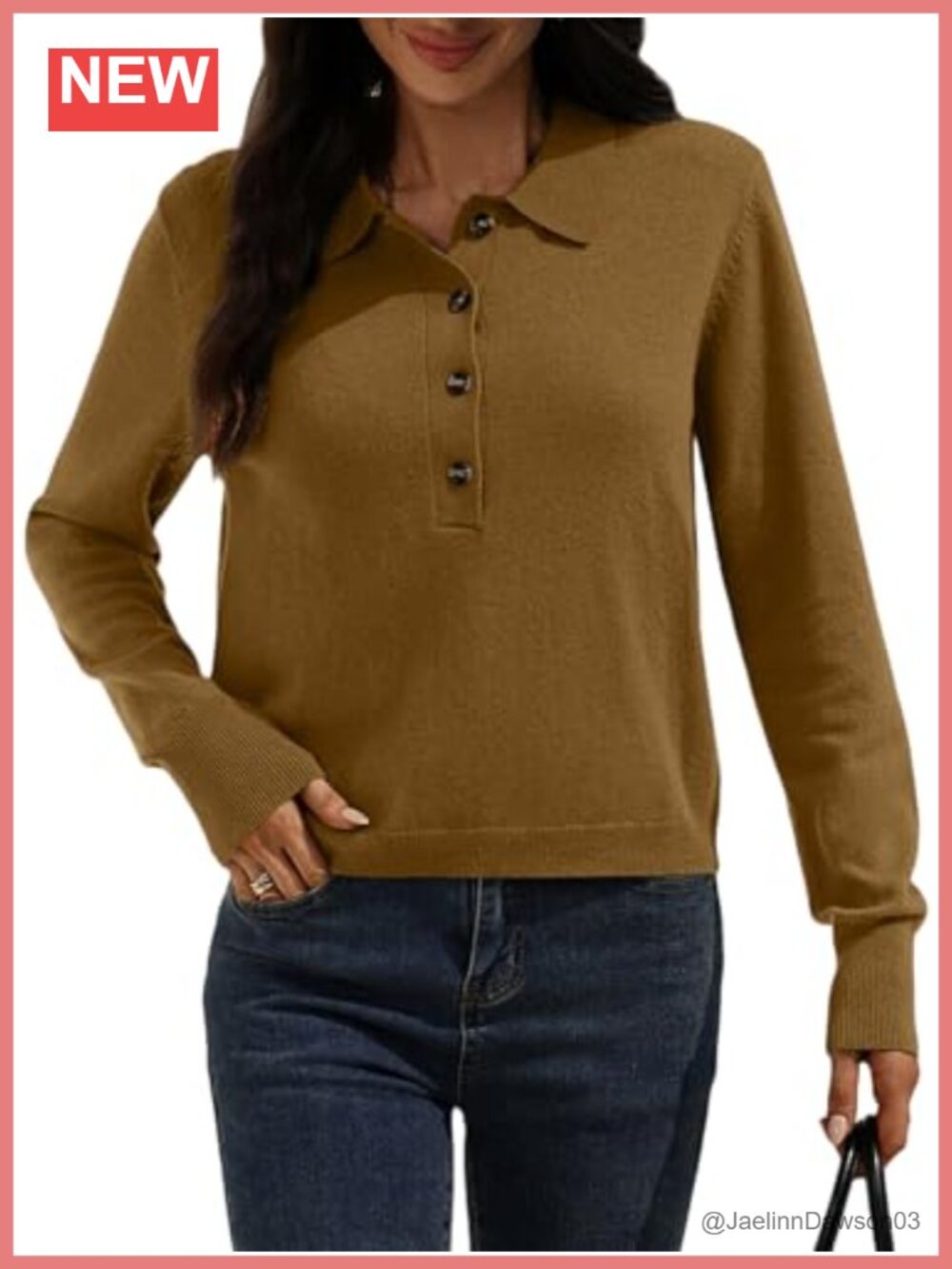 Merino Wool Cropped Sweater Polo Collared Half Button Long Sleeve Pullover